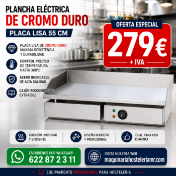 Plancha Eléctrica Profesional | Placa Lisa Cromoduro 55 cm