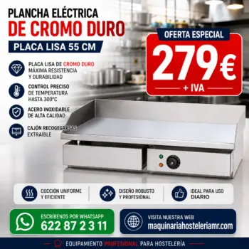 Plancha eléctrica IRIMAR 55 cm | Placa lisa con baño de cromo duro de 10 mm | PLE-L-550CD
