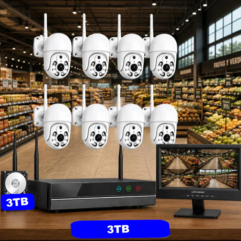 Videovigilancia inteligente para comercios - 8 cámaras PTZ motorizadas con IA, cobertura total y sin cuotas