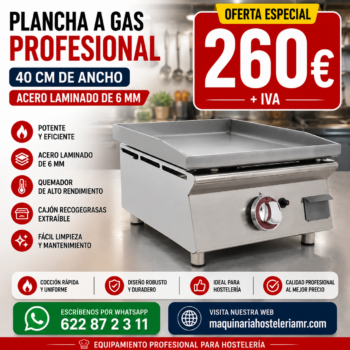Plancha a gas profesional 40 cm | Placa lisa de acero laminado de 6 mm