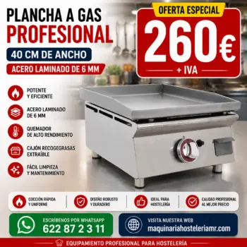 Plancha a gas profesional 40 cm | Placa lisa de acero laminado de 6 mm