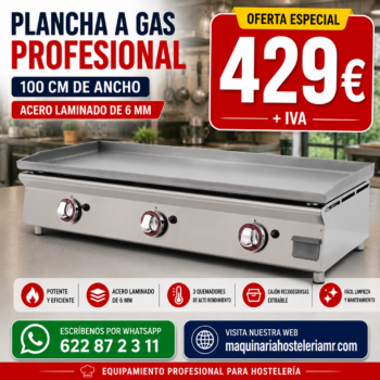 Plancha a gas profesional de 100 cm con placa lisa de acero laminado de 6 mm y tres quemadores