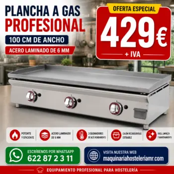 Plancha a gas profesional de 100 cm con placa lisa de acero laminado de 6 mm y tres quemadores
