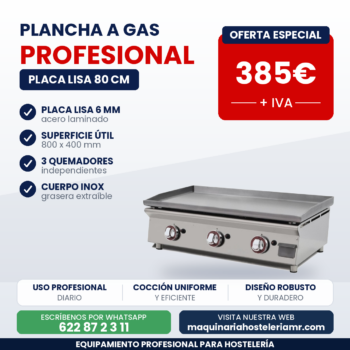 Plancha a gas profesional de 80 cm con placa lisa de acero laminado de 6 mm y tres quemadores