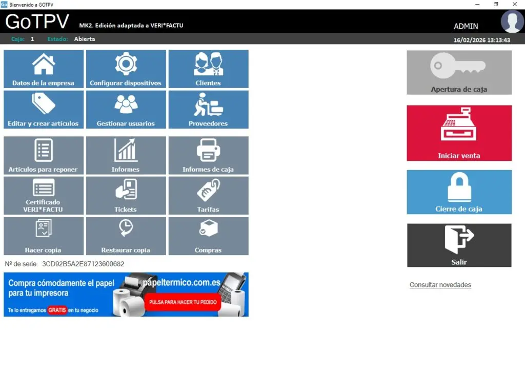Pantalla principal del software TPV GO TPV, con la indicación «Edición adaptada a VERI*FACTU»
