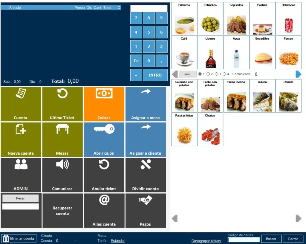 Pantalla de venta del software TPV GO TPV con los artículos por familias y los botones de cobro