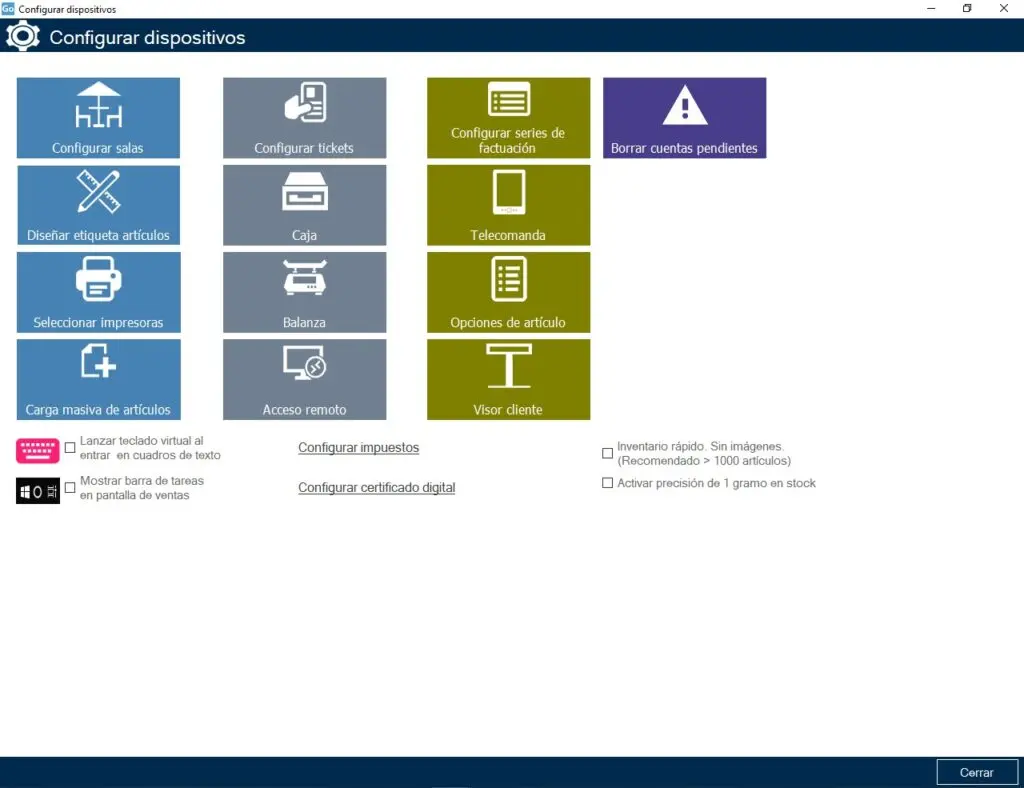 Pantalla de configuración de dispositivos del software TPV GO TPV