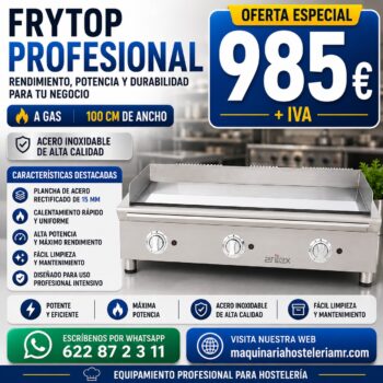 Frytop a gas ARILEX 100 cm | Placa lisa de acero rectificado de 15 mm | 100FRYGRN | Elija acabado: rectificado o cromo duro