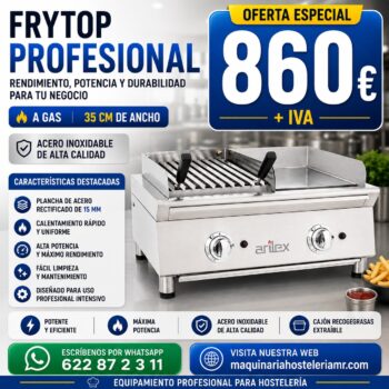 Frytop a gas ARILEX 70 cm con barbacoa | Placa lisa de acero rectificado de 15 mm | 70FRYGRBN | Elija acabado: rectificado o cromo duro