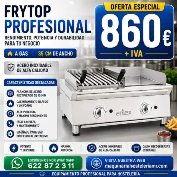 Frytop a gas ARILEX 70 cm con barbacoa | Placa lisa de acero rectificado de 15 mm | 70FRYGRBN | Elija acabado: rectificado o cromo duro