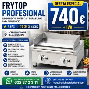 Frytop a gas ARILEX 70 cm | Placa lisa de acero rectificado de 15 mm | 70FRYGRN | Elija acabado: rectificado o cromo duro