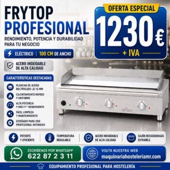 Frytop eléctrico ARILEX 100 cm | Placa lisa de acero rectificado de 15 mm | 100FRYERN | Elija acabado: rectificado o cromo duro