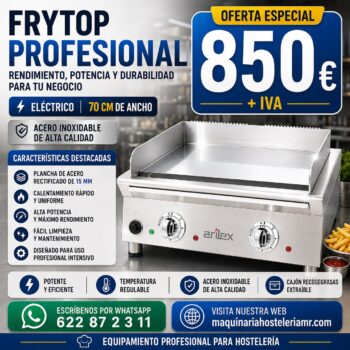 Frytop eléctrico ARILEX 70 cm | Placa lisa de acero rectificado de 15 mm | 70FRYERN | Elija acabado: rectificado o cromo duro