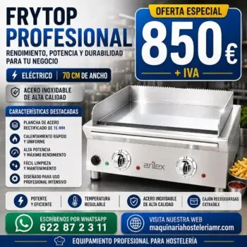 Frytop eléctrico ARILEX 70 cm | Placa lisa de acero rectificado de 15 mm | 70FRYERN | Elija acabado: rectificado o cromo duro