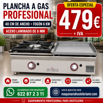 Plancha a gas 40 cm con fogón de 6 kW en acero laminado de 6 mm, oferta 479 € + IVA