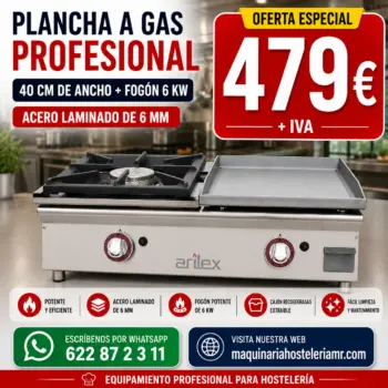 Plancha a gas 40 cm con fogón de 6 kW en acero laminado de 6 mm, oferta 479 € + IVA