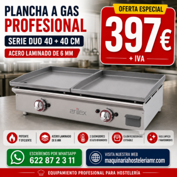 Plancha a gas serie DUO 40+40 cm en acero laminado de 6 mm, oferta 397 € + IVA