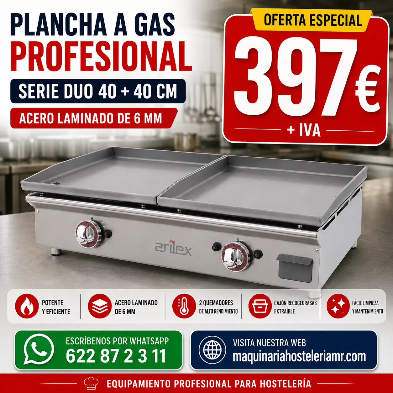 Plancha a gas serie DUO 40+40 cm en acero laminado de 6 mm, oferta 397 € + IVA