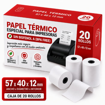 Papel térmico sin bisfenol A 57 x 40 x 12 mm | Caja de 20 rollos