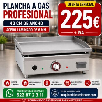 Plancha a gas profesional de 40 cm con placa lisa de acero laminado de 6 mm en oferta a 225 € + IVA