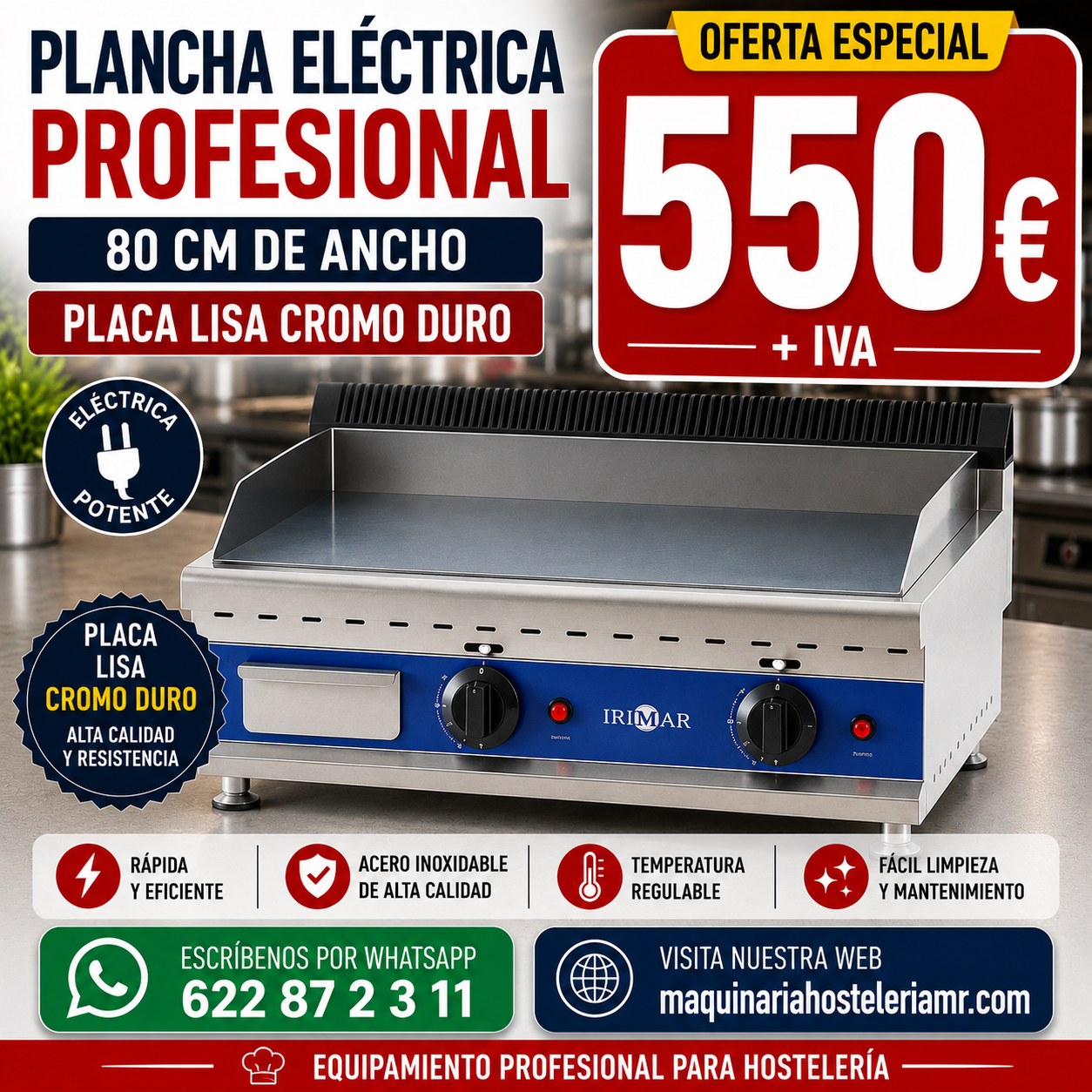 Plancha eléctrica profesional IRIMAR de 80 cm con placa lisa de cromo duro en oferta a 550 € + IVA