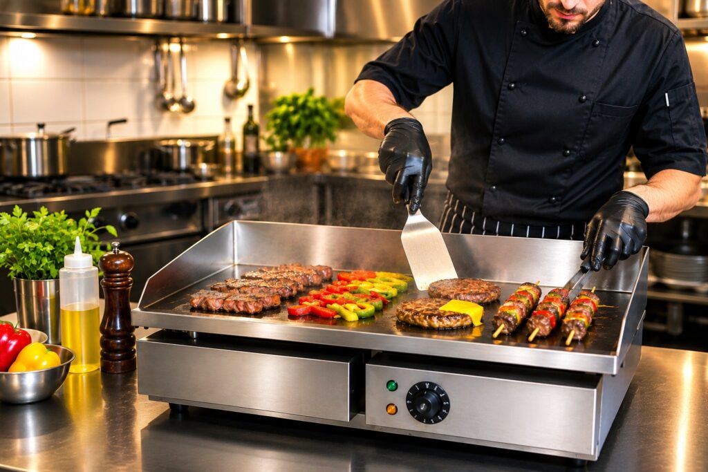 Cocinero preparando carne, verduras y brochetas en una plancha eléctrica profesional
