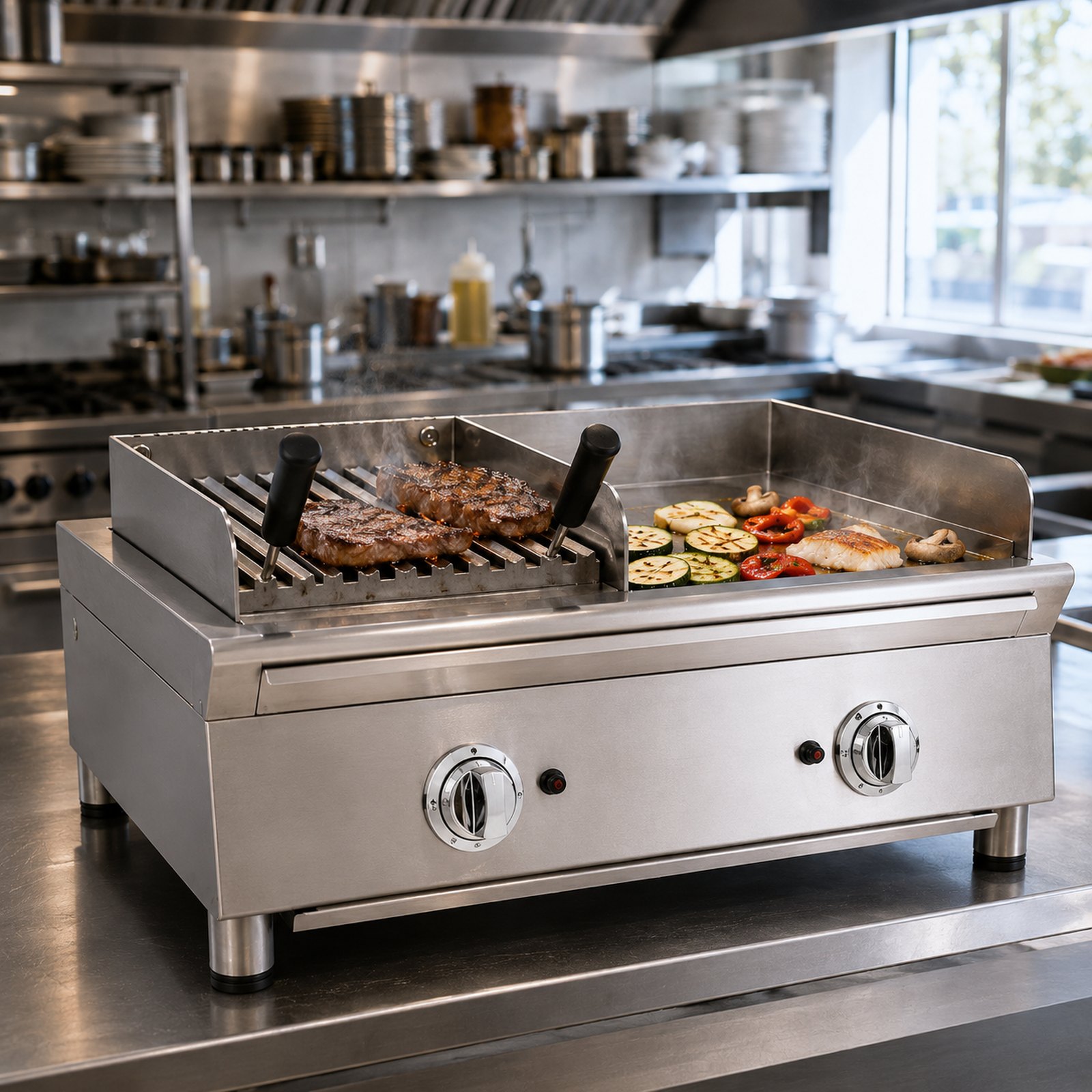 Carne haciéndose en una plancha profesional de acero