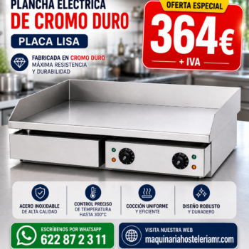 Plancha eléctrica profesional de 73 cm con placa lisa de cromo duro, 4.400 W y doble termostato