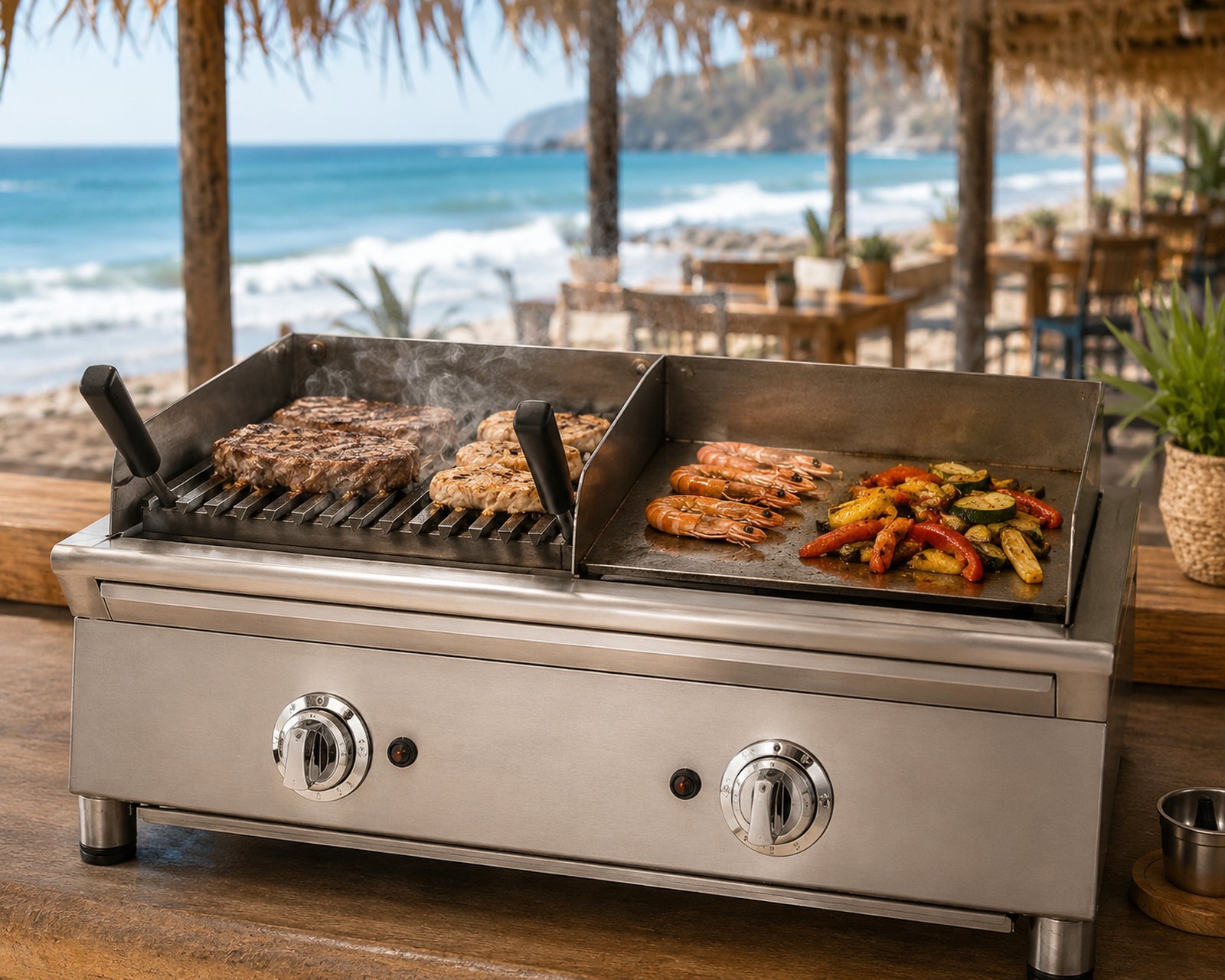 Verduras, gambas y carne en una plancha a gas con barbacoa