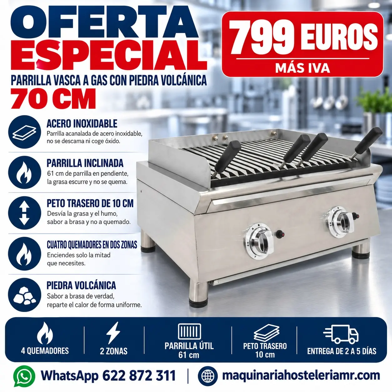 Parrilla vasca a gas de 70 cm con piedra volcánica en oferta a 799 € más IVA
