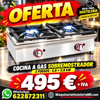 Oferta cocina a gas de sobremesa de 2 fuegos de 5,8 kW Arilex por 495 euros mas IVA
