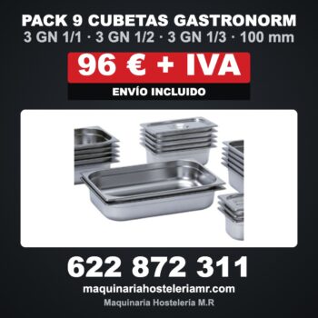 Pack de 9 cubetas gastronorm de acero 201 en tres medidas