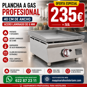 Plancha a gas profesional de 40 cm con placa lisa de acero laminado de 6 mm