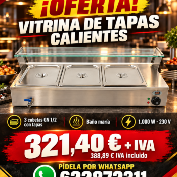 Oferta de vitrina caliente de baño maría con 3 cubetas GN 1/2 y tapas por 321,40 euros más IVA