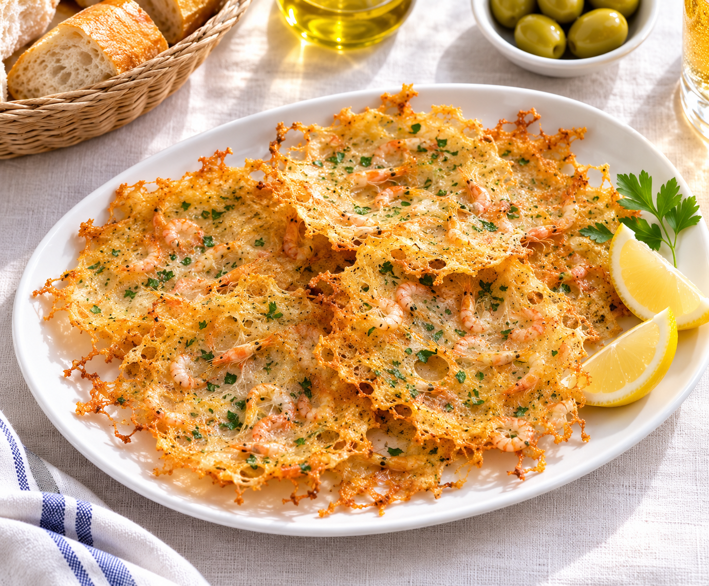 Tortillitas de camarones finas y crujientes en un plato blanco, con limón y pan
