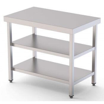 Mesa central de trabajo de acero inoxidable con dos estantes