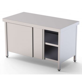 Mesa central de trabajo de acero inoxidable con puertas