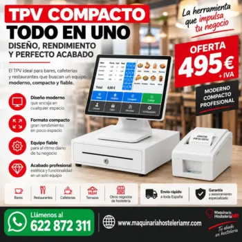 TPV compacto todo en uno en blanco para bar, cafetería y restaurante, con cajón portamonedas e impresora térmica de tickets