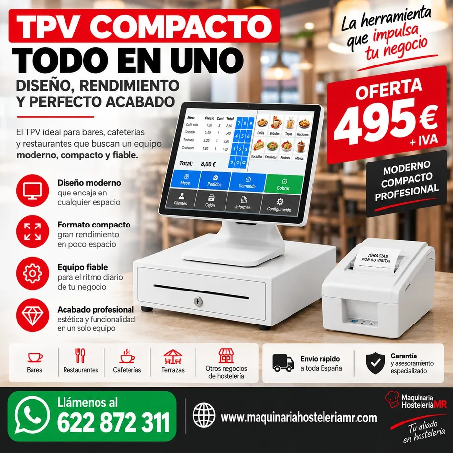 TPV compacto todo en uno en blanco para bar, cafetería y restaurante, con cajón portamonedas e impresora térmica de tickets