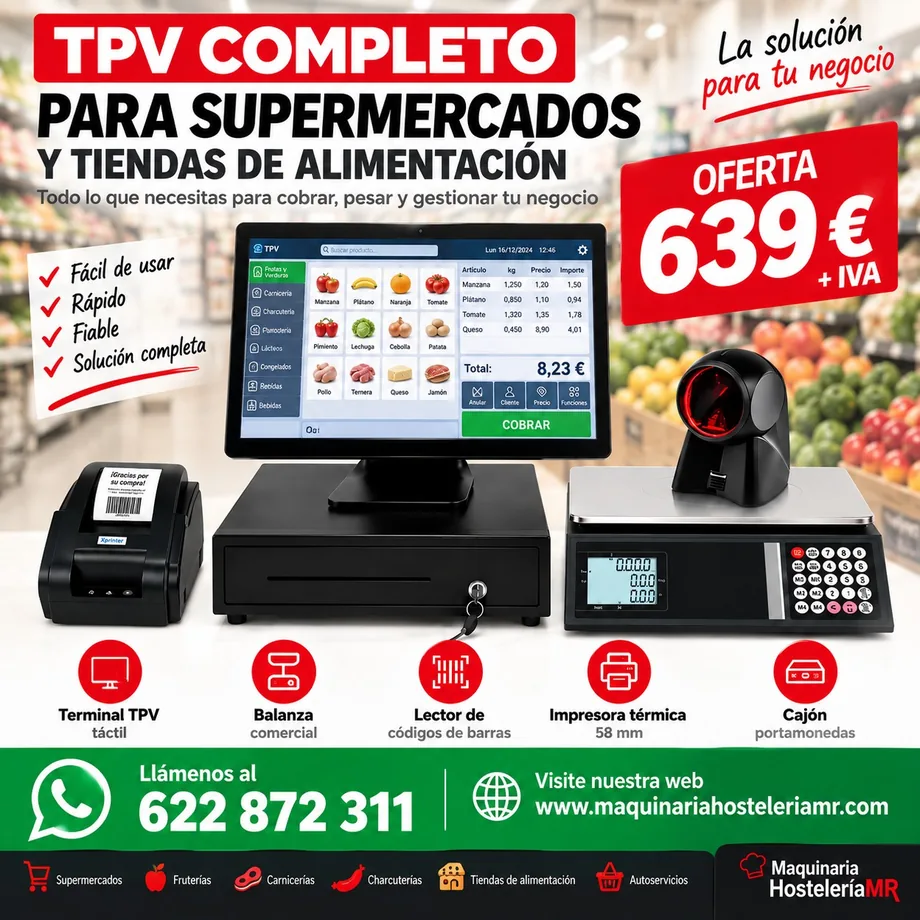 TPV con balanza y lector de códigos para supermercados y tiendas de alimentación