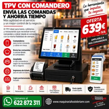 TPV táctil para hostelería con comandero de mano, impresora térmica de tickets para barra y cajón portamonedas