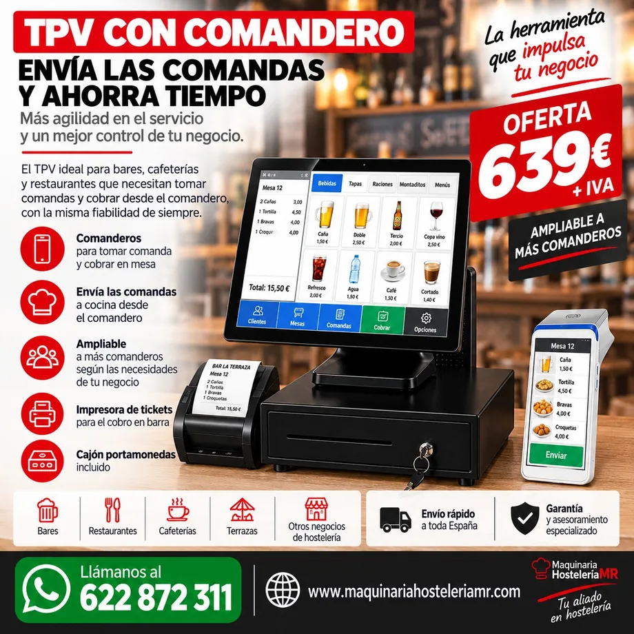 TPV táctil para hostelería con comandero de mano, impresora térmica de tickets para barra y cajón portamonedas