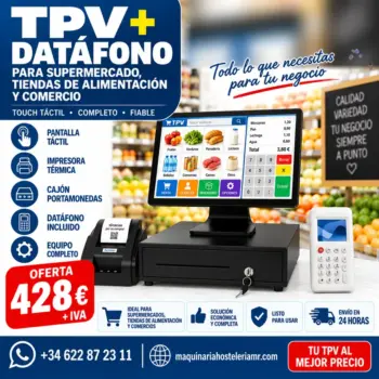 TPV táctil con datáfono portátil 4G, impresora térmica y cajón portamonedas para comercio, tienda de alimentación y supermercado, 428 € más IVA
