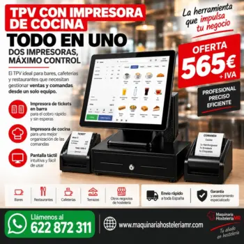 TPV táctil con doble impresora térmica de 80 mm, una para los tickets de barra y otra para las comandas de cocina, con cajón portamonedas