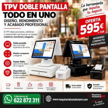 TPV compacto de doble pantalla táctil para hostelería en acabado blanco y en negro, con cajón portamonedas e impresora térmica de tickets