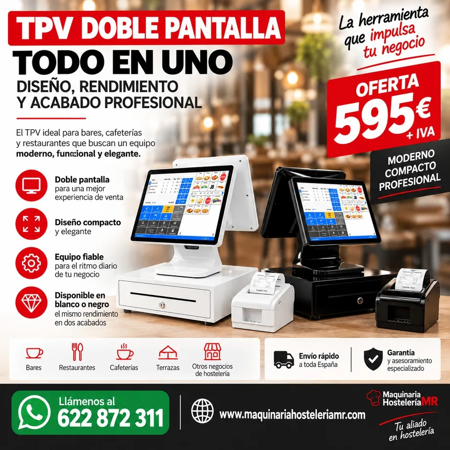 TPV compacto de doble pantalla táctil para hostelería en acabado blanco y en negro, con cajón portamonedas e impresora térmica de tickets