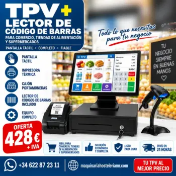 TPV táctil con lector de códigos de barras tipo pistola, impresora térmica y cajón portamonedas para comercio, tienda de alimentación y supermercado, 428 € más IVA