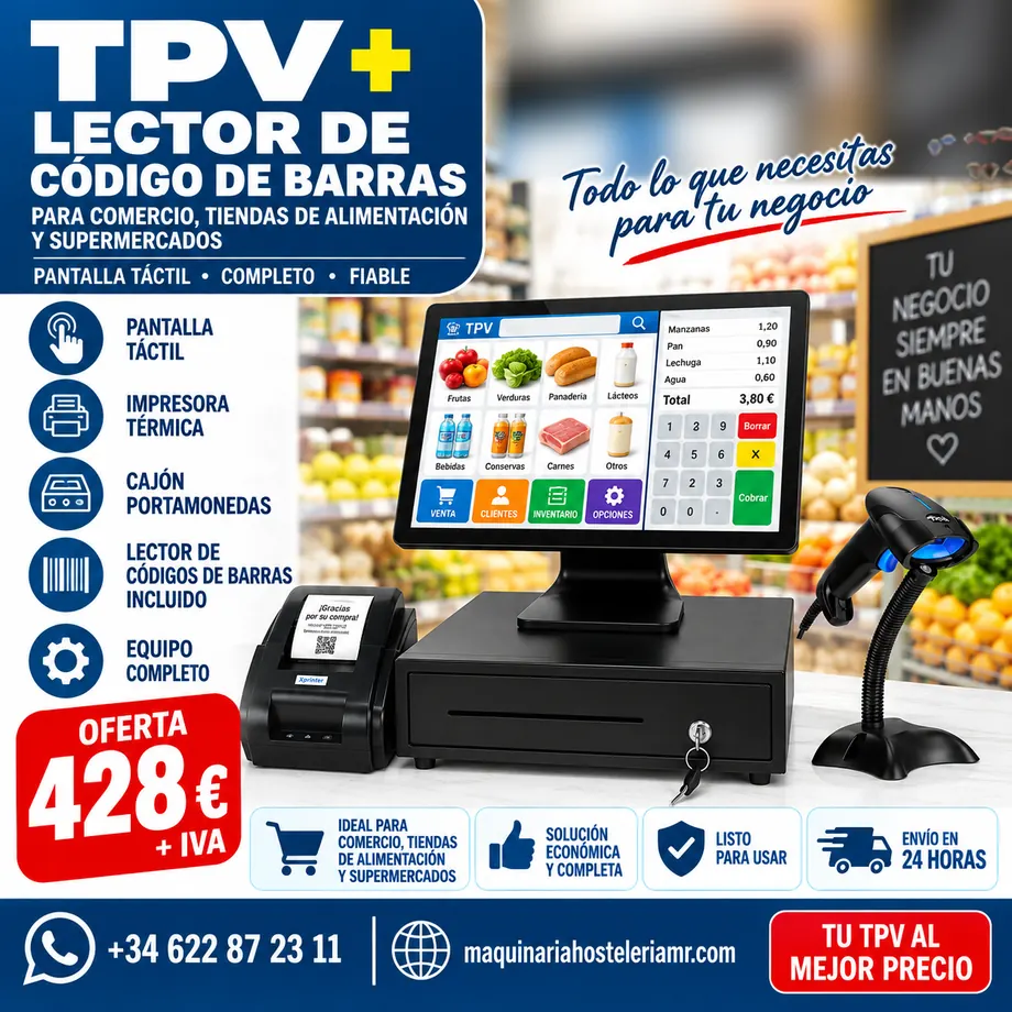 TPV táctil con lector de códigos de barras tipo pistola, impresora térmica y cajón portamonedas para comercio, tienda de alimentación y supermercado, 428 € más IVA