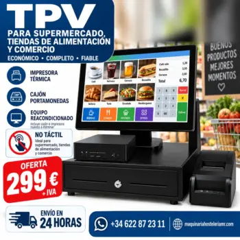 TPV económico reacondicionado no táctil con impresora térmica y cajón portamonedas nuevos, para supermercado, tienda de alimentación y comercio, 299 € más IVA