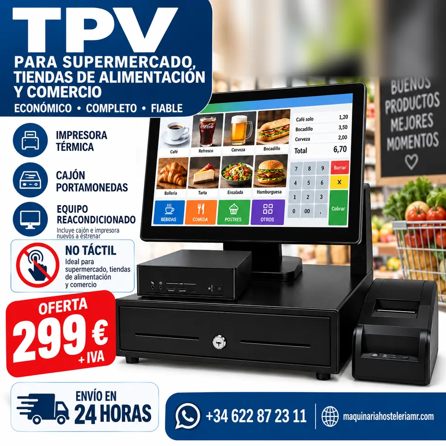 TPV económico reacondicionado no táctil con impresora térmica y cajón portamonedas nuevos, para supermercado, tienda de alimentación y comercio, 299 € más IVA